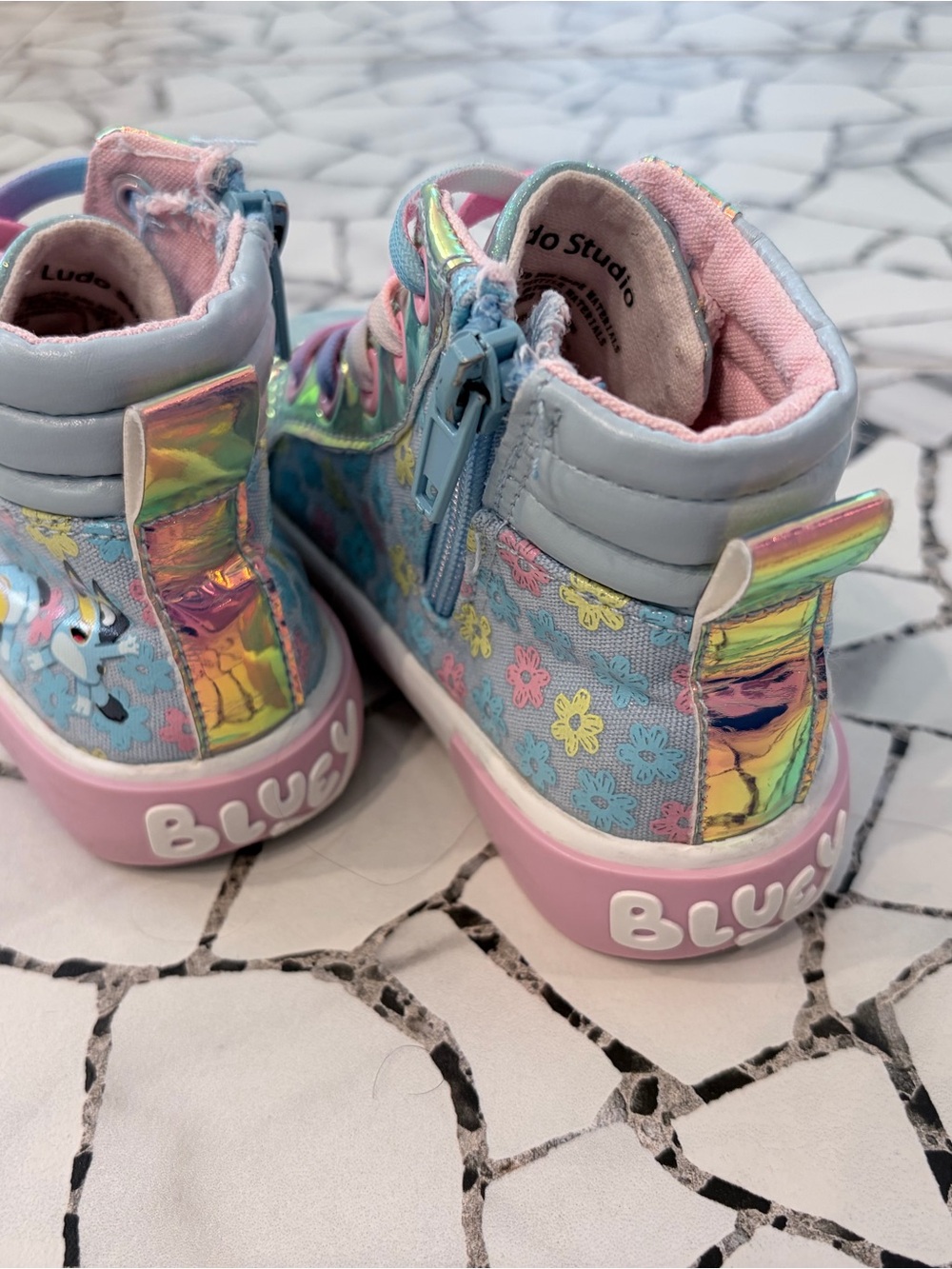 Blue Floral Holographic Kids High-Top Sneakers with Pink Sole